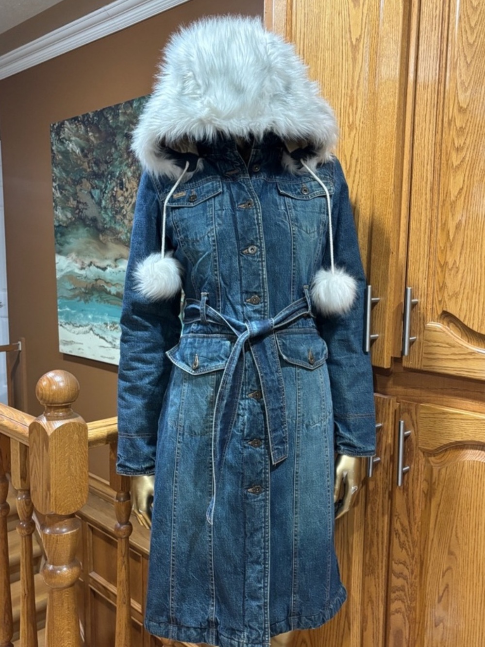 Hooch denim quilted fur hood Poms jacket vintage uk 10 us S